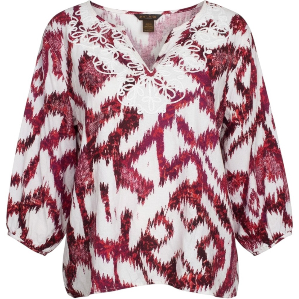 Multiples Womens 0X Blouse Pink Purple Ikat Linen Blend Embroidered V-Neck Top